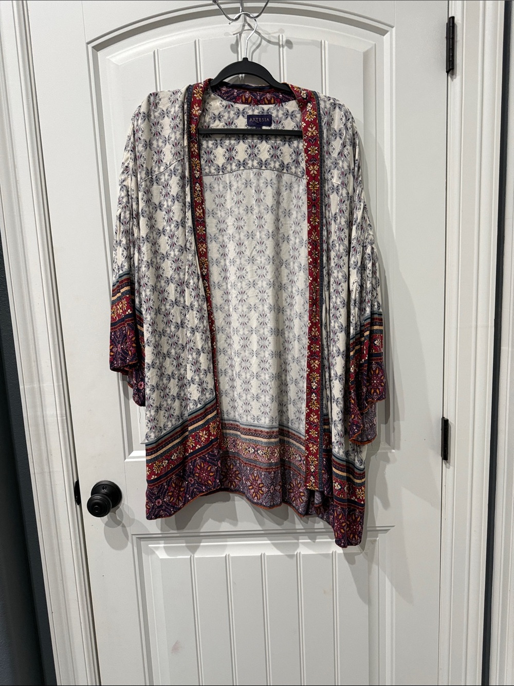 Artisan Cream Boho Open-Front Kimono with Red and Purple Border